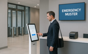 Emergency visitor management kiosk in a secure corporate lobby with access control, visitor badging, and digital check-in