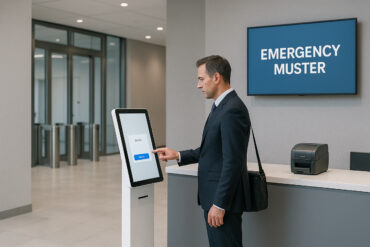 Emergency visitor management kiosk in a secure corporate lobby with access control, visitor badging, and digital check-in