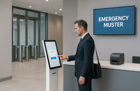Emergency visitor management kiosk in a secure corporate lobby with access control, visitor badging, and digital check-in