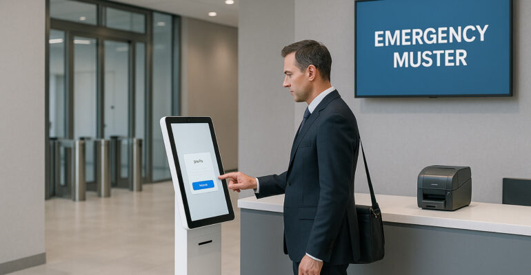 Emergency visitor management kiosk in a secure corporate lobby with access control, visitor badging, and digital check-in