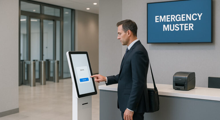 Emergency visitor management kiosk in a secure corporate lobby with access control, visitor badging, and digital check-in