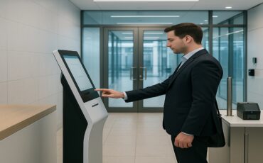 Visitor management system for ISO 27001 at a secure self-service kiosk in a corporate lobby