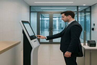 Visitor management system for ISO 27001 at a secure self-service kiosk in a corporate lobby