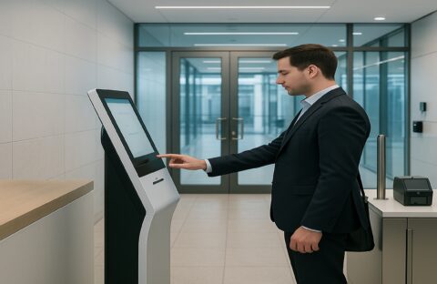 Visitor management system for ISO 27001 at a secure self-service kiosk in a corporate lobby