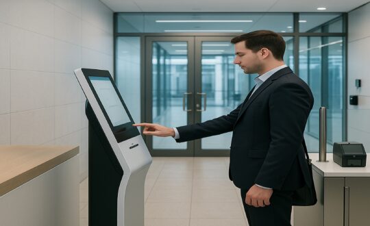 Visitor management system for ISO 27001 at a secure self-service kiosk in a corporate lobby