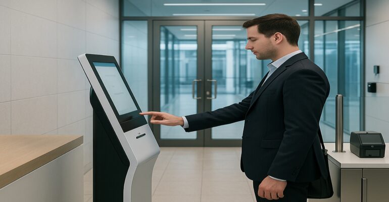 Visitor management system for ISO 27001 at a secure self-service kiosk in a corporate lobby