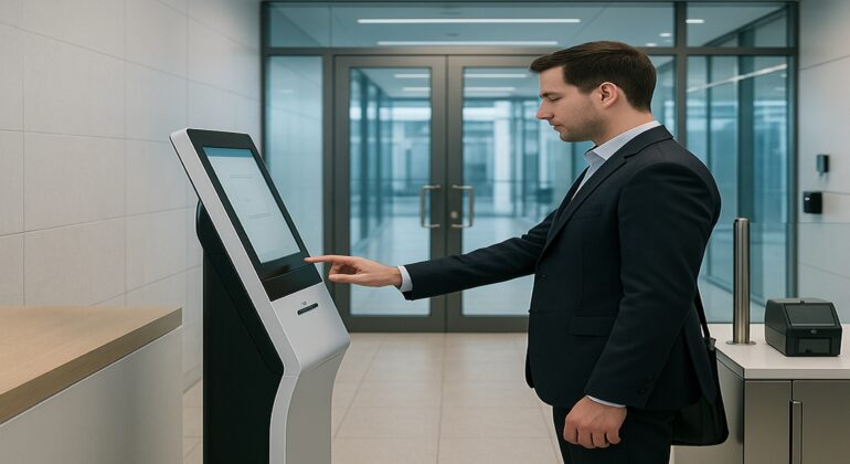 Visitor management system for ISO 27001 at a secure self-service kiosk in a corporate lobby
