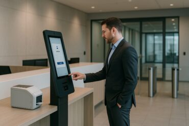 Visitor arrival notifications on a self-service kiosk in a secure corporate lobby