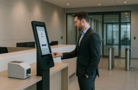 Visitor arrival notifications on a self-service kiosk in a secure corporate lobby