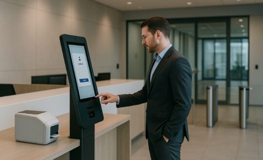 Visitor arrival notifications on a self-service kiosk in a secure corporate lobby