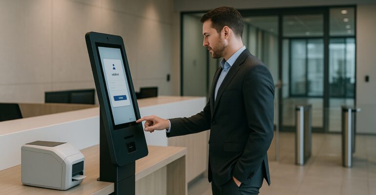 Visitor arrival notifications on a self-service kiosk in a secure corporate lobby