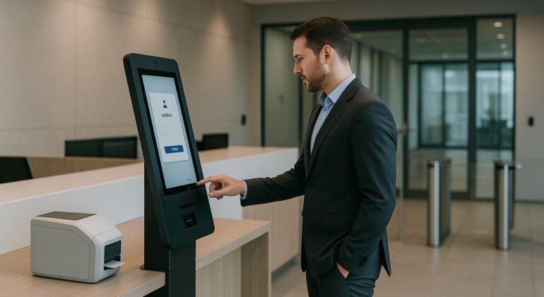 Visitor arrival notifications on a self-service kiosk in a secure corporate lobby