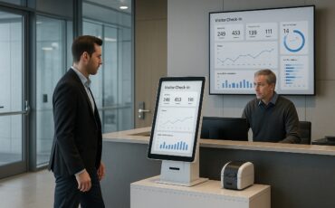 Visitor check-in analytics shown on a self-service kiosk in a secure corporate lobby