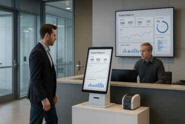 Visitor check-in analytics shown on a self-service kiosk in a secure corporate lobby