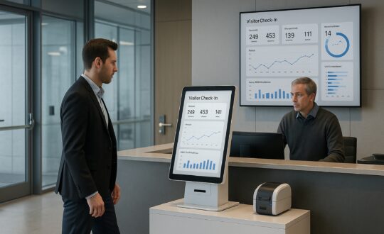 Visitor check-in analytics shown on a self-service kiosk in a secure corporate lobby