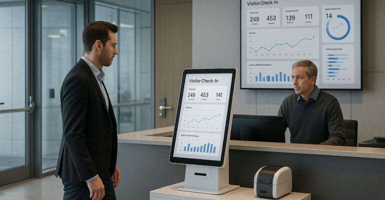Visitor check-in analytics shown on a self-service kiosk in a secure corporate lobby