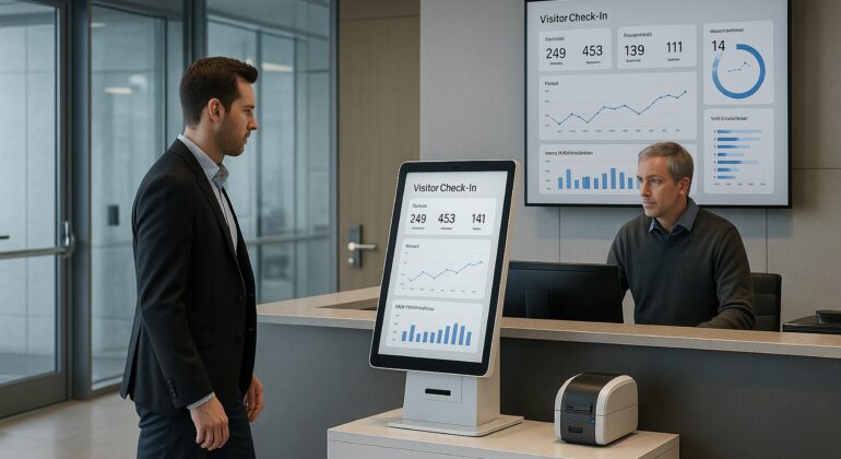 Visitor check-in analytics shown on a self-service kiosk in a secure corporate lobby