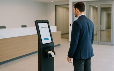 Visitor pre-registration at a self-service kiosk in a secure corporate lobby with fast badge printing