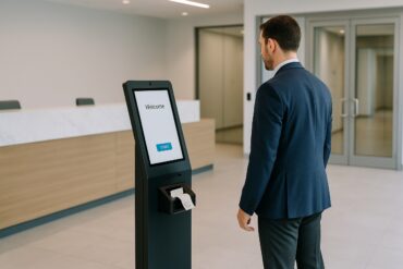 Visitor pre-registration at a self-service kiosk in a secure corporate lobby with fast badge printing