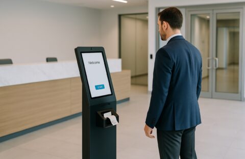 Visitor pre-registration at a self-service kiosk in a secure corporate lobby with fast badge printing