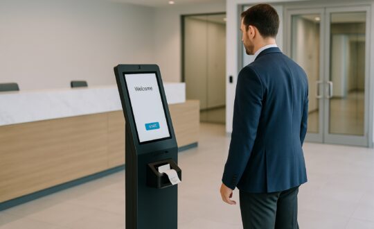 Visitor pre-registration at a self-service kiosk in a secure corporate lobby with fast badge printing