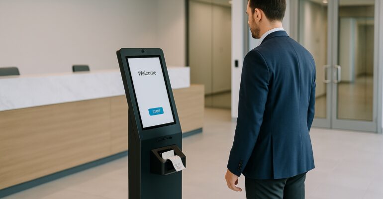 Visitor pre-registration at a self-service kiosk in a secure corporate lobby with fast badge printing