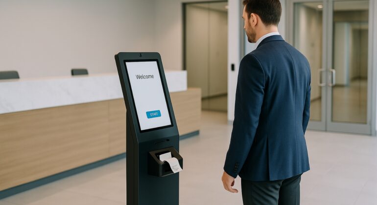 Visitor pre-registration at a self-service kiosk in a secure corporate lobby with fast badge printing