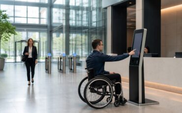 Accessible visitor check-in at a self-service kiosk in a secure corporate lobby