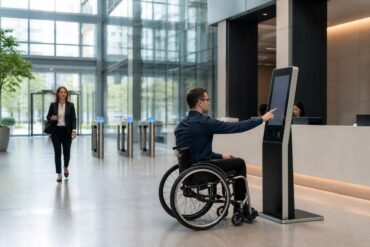 Accessible visitor check-in at a self-service kiosk in a secure corporate lobby