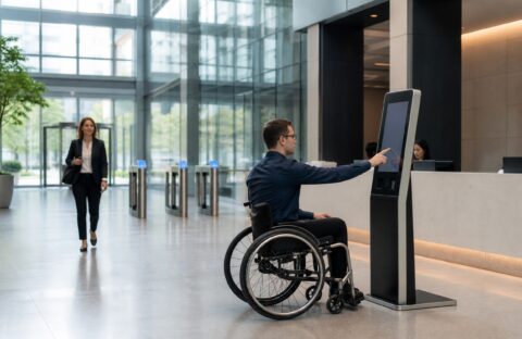 Accessible visitor check-in at a self-service kiosk in a secure corporate lobby