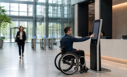 Accessible visitor check-in at a self-service kiosk in a secure corporate lobby