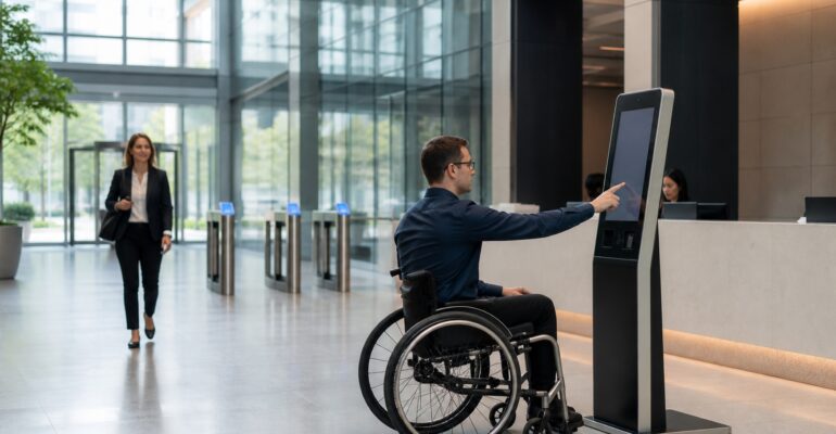 Accessible visitor check-in at a self-service kiosk in a secure corporate lobby