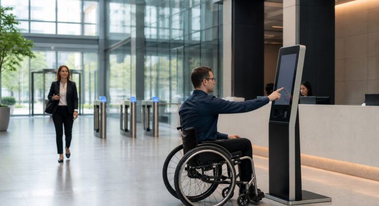 Accessible visitor check-in at a self-service kiosk in a secure corporate lobby
