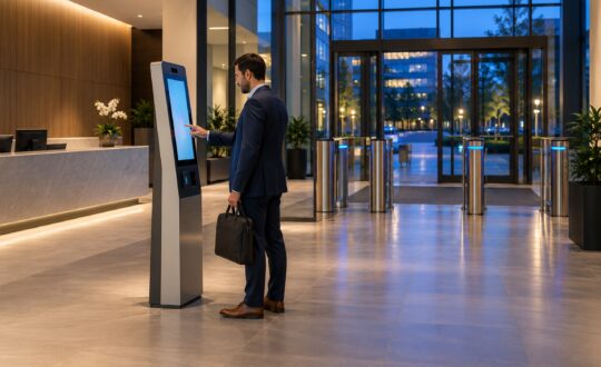 After-hours visitor check-in at a self-service kiosk in a secure corporate lobby