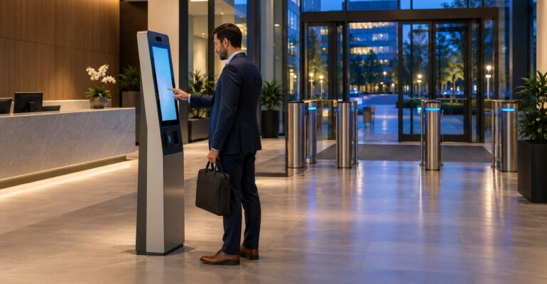 After-hours visitor check-in at a self-service kiosk in a secure corporate lobby