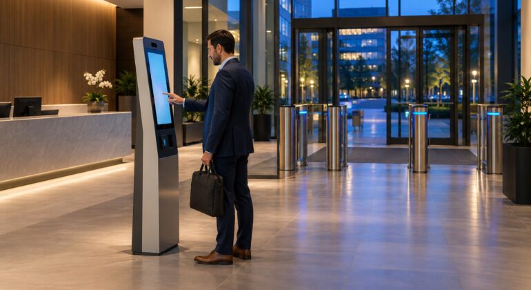 After-hours visitor check-in at a self-service kiosk in a secure corporate lobby